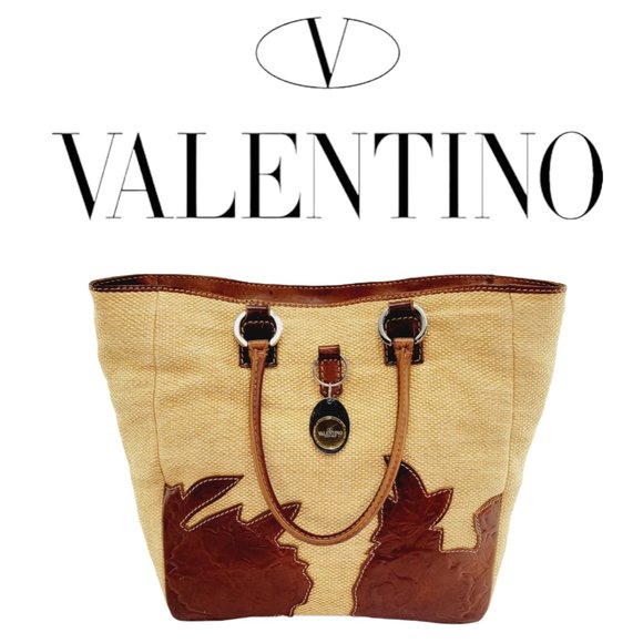 Valentino Garavani Handbags - RARE AUTHENTIC VALENTINO GARAVANI Boutique Straw Leather Floral Trim Tote Bag